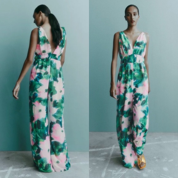 🦚 ZARA BOHO GREEN PINK MULTI FLORAL WIDE LEG JUMPSUIT! - Picture 15 of 16
